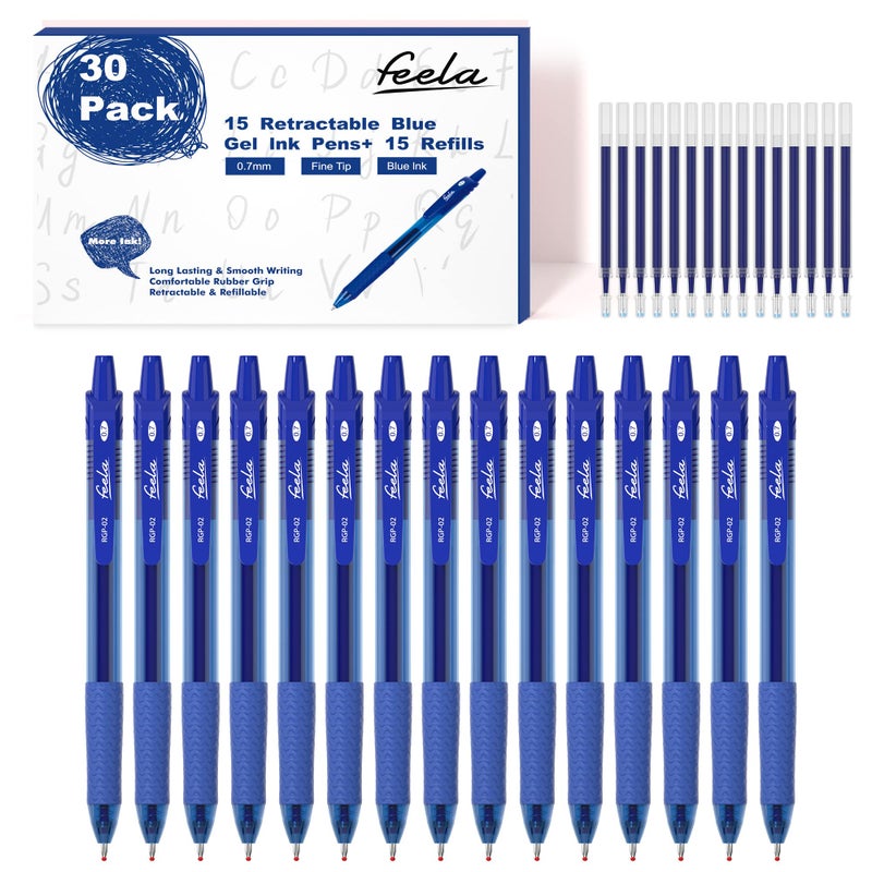 feela 30 Pack Retractable Blue Ink Gel Pens Set Medium Point 15 Piece Fine Point Gel Pen with 15 Refills for Smooth Writing - Image 1